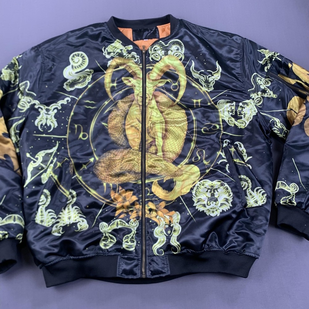 Zodiac Bomber Jacket Men 4X Black Gold Astrological Print‎ Quilt Lined Capricorn
